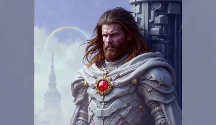 Ulises 31, warrior with long hair and beard, Light brown, futursuta gray armor and white cape with red brooch.
