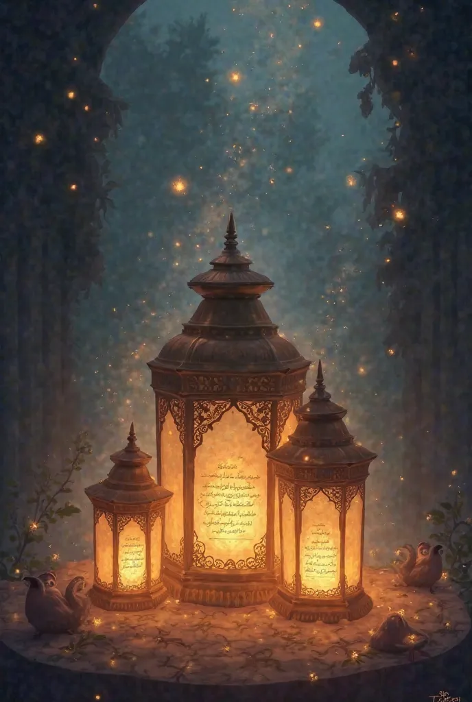 An illustration of lanterns emitting light onto inspirational quotes or Quranic verses to represent guidance in darkness.