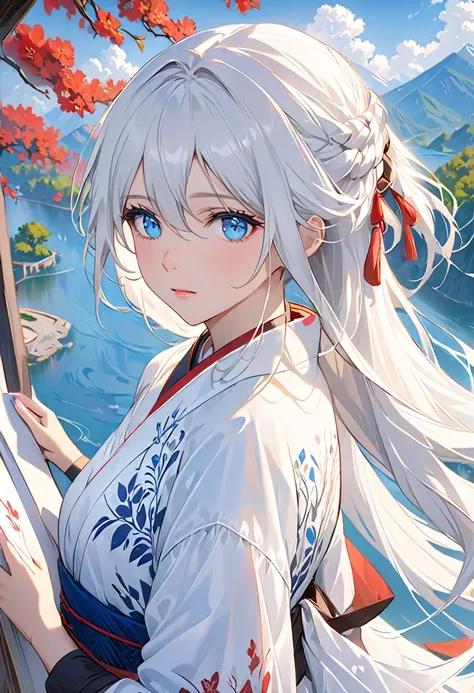 best quality, masterpiece,white hair, blue eyes, upper body,beautiful background,1 girl, flowing hair with handprintsbest quality, masterpiece,white hair, blue eyes, upper body,beautiful background,1 girl, flowing hair with handprints