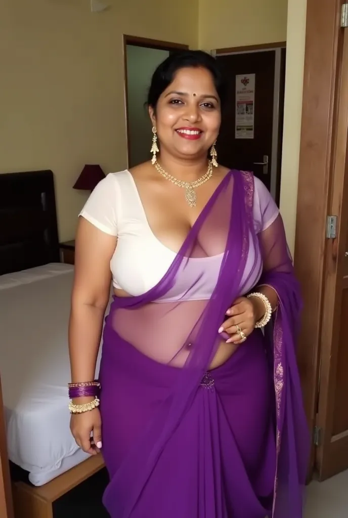 Voluptuous plump Indian Aunt, early 50 Wearing Thin Transparent purple 🟣 Saree with pallu slipped off shoulder,Transparent white Blouse, large U Cut neck, deep Cleavage Exposed ,smiling seductively at the Camera, standing in a door frame of a bedroom in ho...