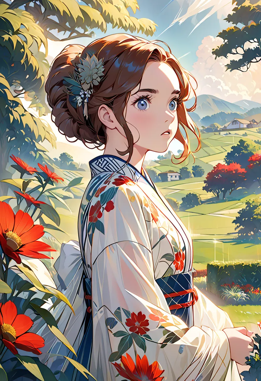 masterpiece, female character,  Florence Pugh's Shocked Look,  detailed rural garden background,  Art Deco Designs ,, Double exposure style, 陰No Shadow,  There are no , blank, No Shadow,