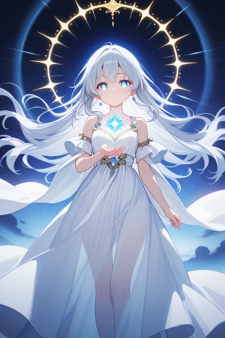 A delicate and ethereal anime-style girl with long, flowing white or silver hair, glowing like moonlight. Her pale, almost translucent skin gives her an otherworldly appearance. She has large, expressive anime-style eyes resembling gemstones, shimmering wi...