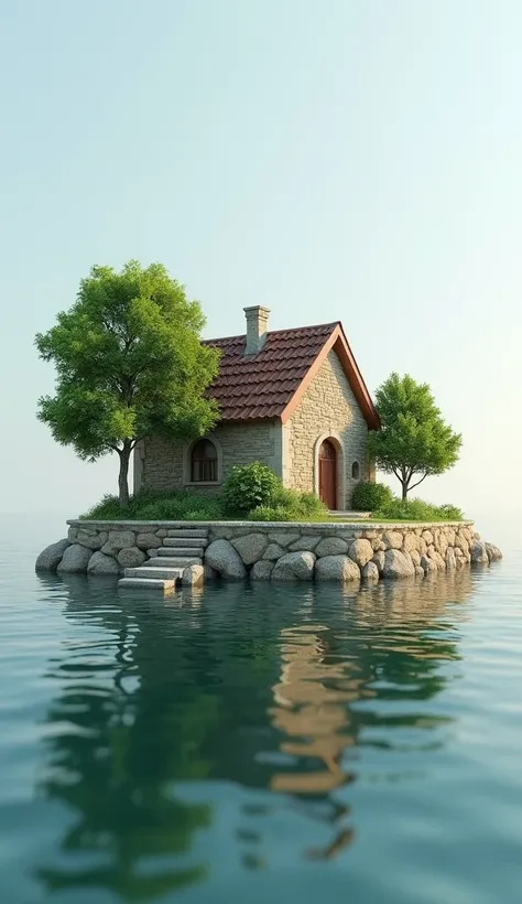 A small, cozy house on a tiny island surrounded by calm water. The house is made of stone bricks with a sloped tiled roof. There are a few lush green trees around the house, and a small stone pathway leading to the entrance. The island is slightly elevated...