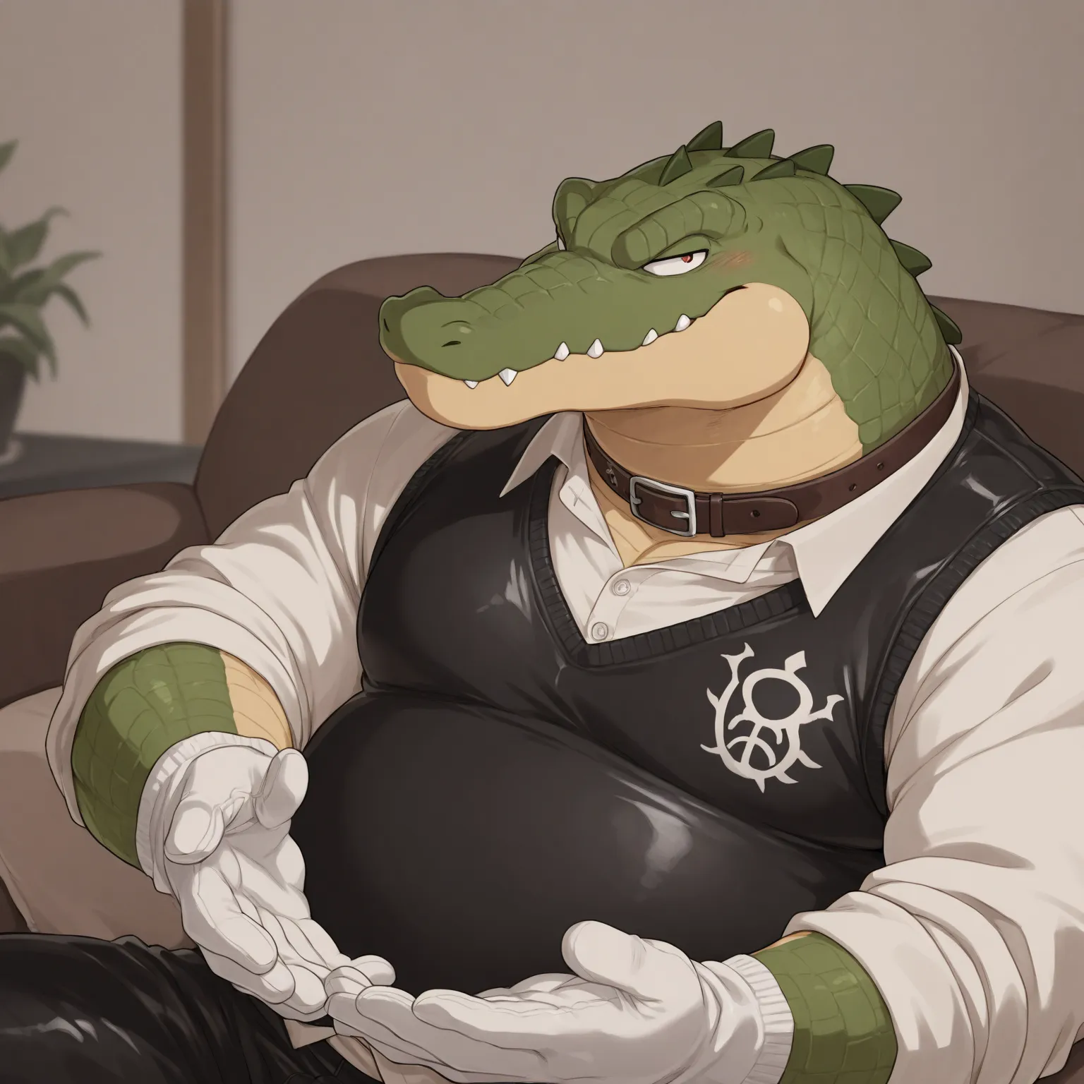 High Quality, Crocodile, Anthro(Crocodile),Chubby,(Black eyebrows:1.1),(Perfect eyes),Smooth Skin，（artist:Takemoto Arashi），Living Room background，claw，（Sweater-vest:1.3）。Wearing a Leather collar around his neck. Wearing fancy white gloves on his hands, fan...