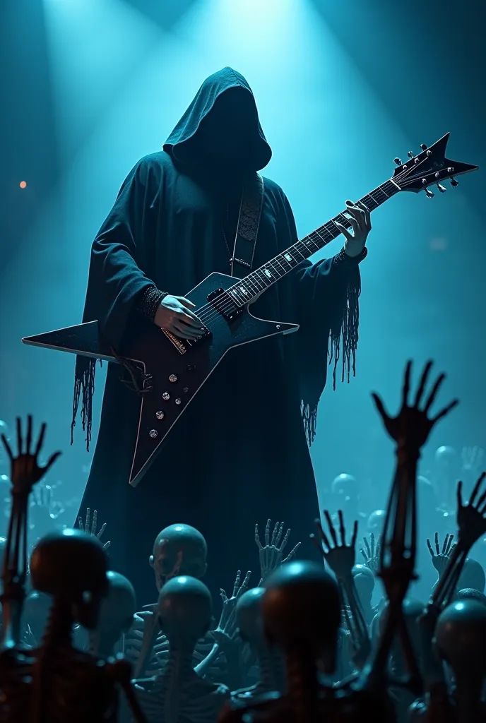 The grim reaper playing electric guitar, a crowd of skeletons cheering ans raising arms , dark blue colors, horror