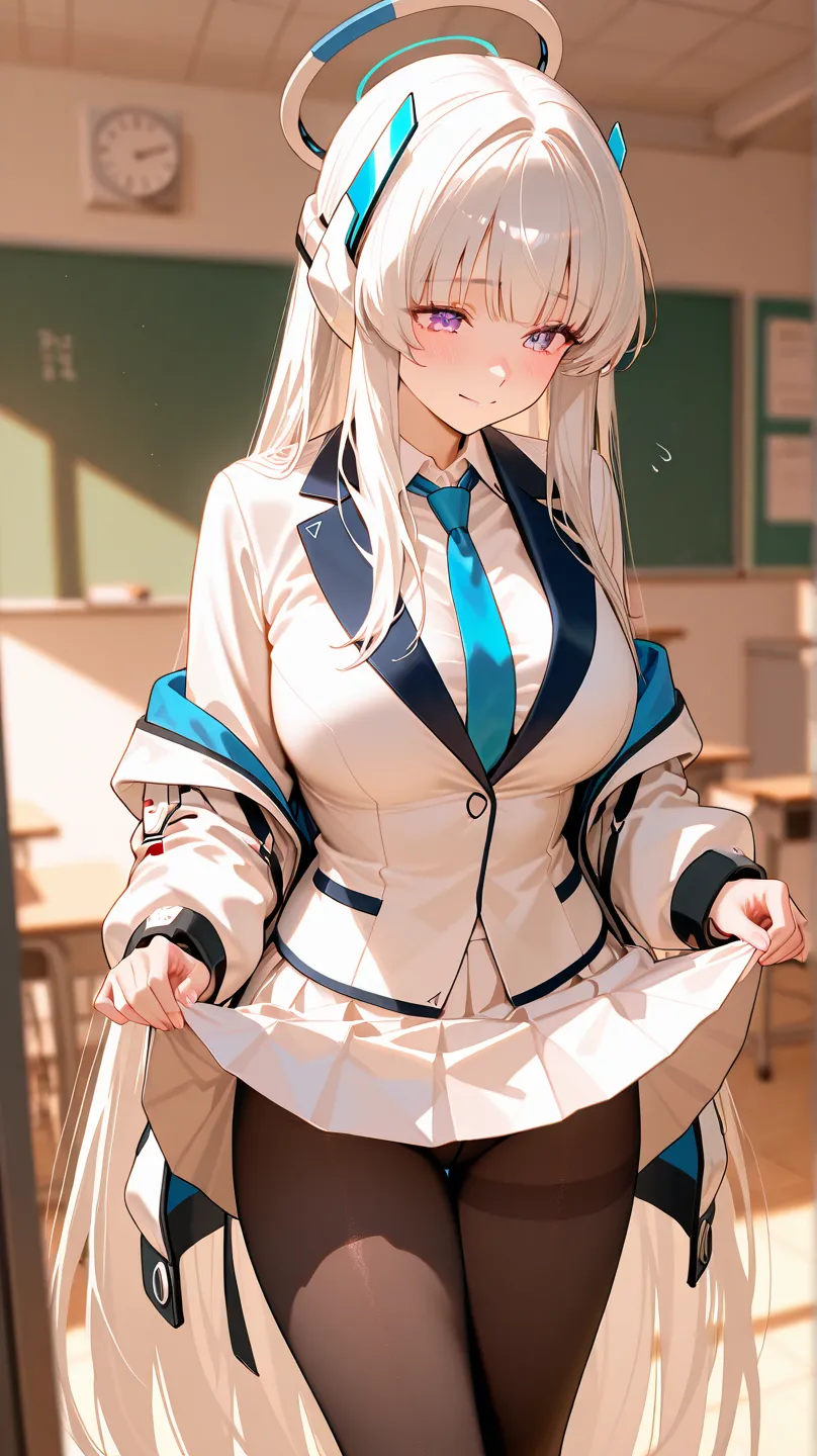 purple eyes, very long hair, mechanical halo, white jacket, open jacket, collared white shirt, white suit, blue necktie, white skirt, black pantyhose, headphones, She lifts her skirt and teases the teacher