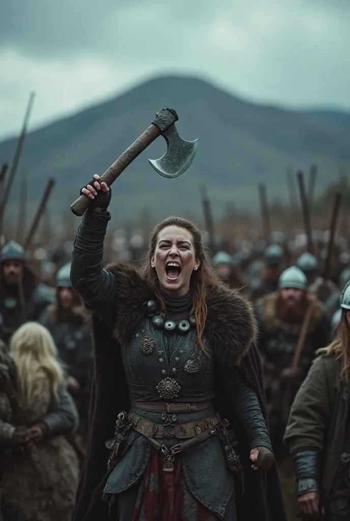 Realistic, live photo 8K quality, work of art, Viking queen in battle outfit, face with battle makeup, battle in the Highlands, leading the Viking army, the queen with a tomahawk raised over her head, mouth wide open, roaring, brave figure. In the backgrou...