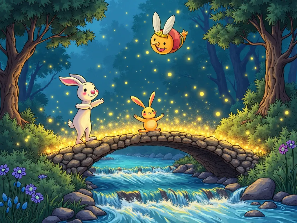 A small stream with rushing water, illuminated by hundreds of fireflies forming a glowing, magical bridge. white rabbit Tiny, Green Mantis, and Grandma Snail are standing on the shore of the bridge, excited to cross. The Firefly King with a cheerful face i...