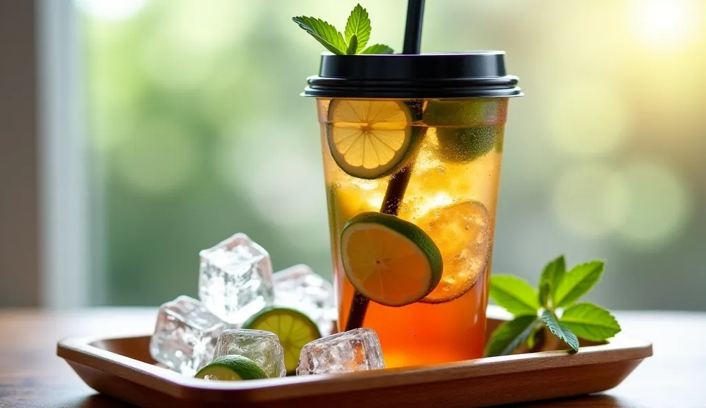 "A highly realistic and refreshing image of a plastic cup with a black lid containing iced tea with ice cubes, lime slices, and mint leaves.The cup is placed on a wooden tray. The tray has ice cubes, some containing lime slices and some containing mint lea...