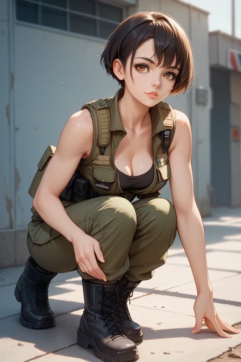 A girl, age 20, black short hair, race human , brown eye, black sexy cropped army combat uniform sleeveless , H cup chest,showing cleavage, short combat pants, combat boots, anime style