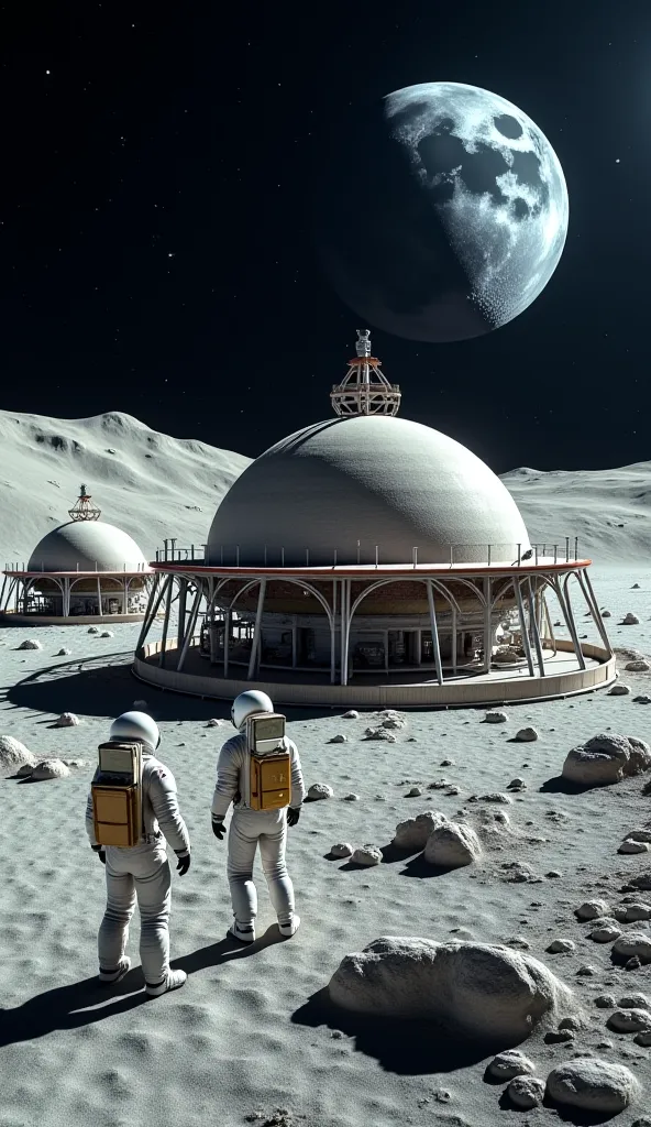 A futuristic lunar base under construction, where large-scale 3D printers are using lunar regolith (moon dust) to build habitats. The 3D printers are robotic arms, layering material to create dome-shaped structures. The background features the Moon's surfa...