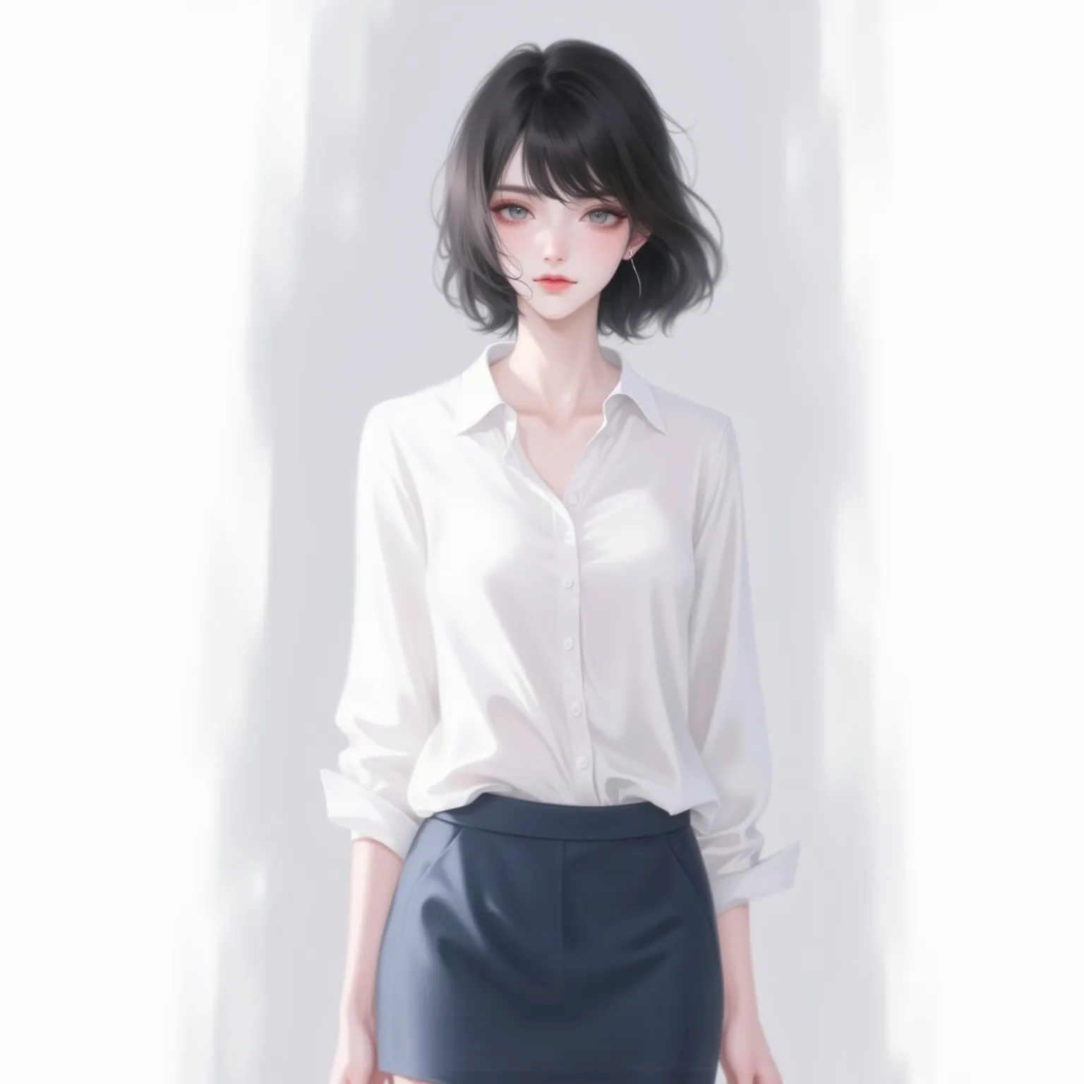 A female character with soft and delicate facial features, round eyes, high cheekbones, smooth skin, black wavy bob haircut, and light gray eyes. She is wearing a simple yet elegant white shirt paired with a navy tennis skirt. The outfit is casual yet styl...