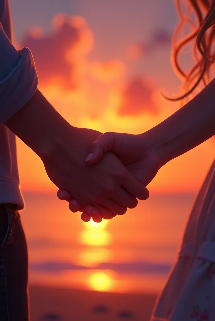 animated shadow holding hands in sunset, zoomed in to the couple's hands only