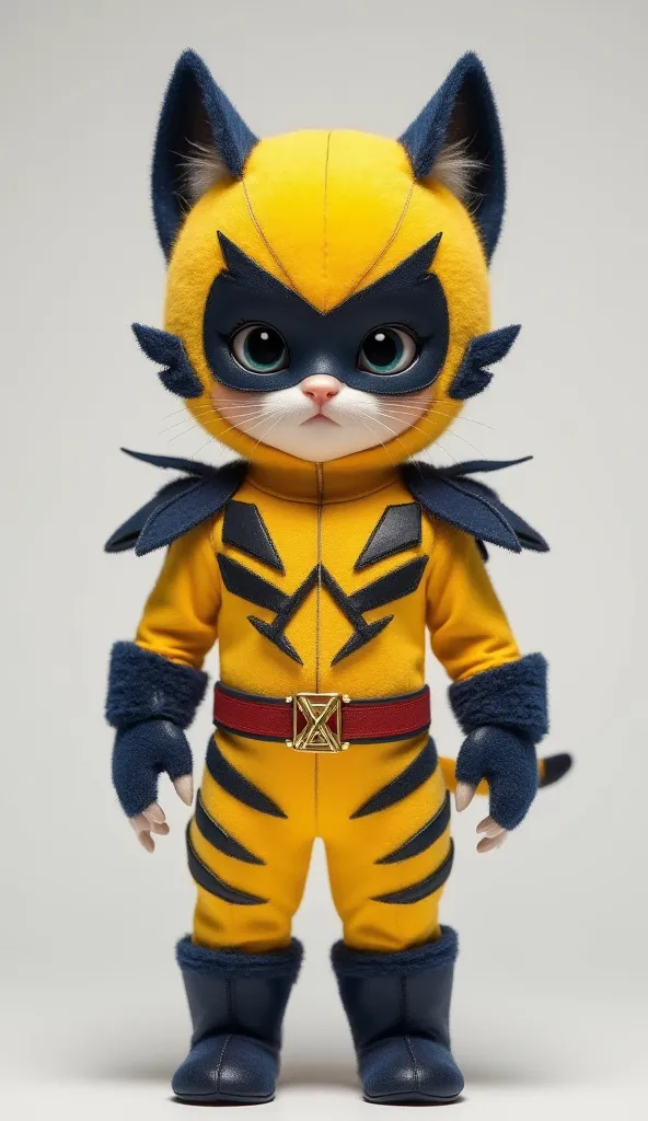 A baby anthropomorphic kitten wearing a tight bright yellow uniform covering the entire body, with dark blue shoulder pads and side panels on the torso, connected by a diagonal blue stripe across the chest. The outfit features a yellow mask with black wing...