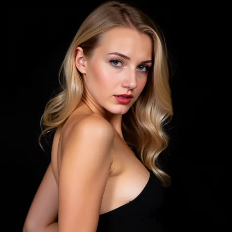 A portrait of a young woman with a side profile. She has long, wavy blond hair that cascades down her back, and her skin appears smooth with a soft glow. Her eyes are captivating lined with makeup, makeup, red lipstick, with a hint of contemplation. The ba...
