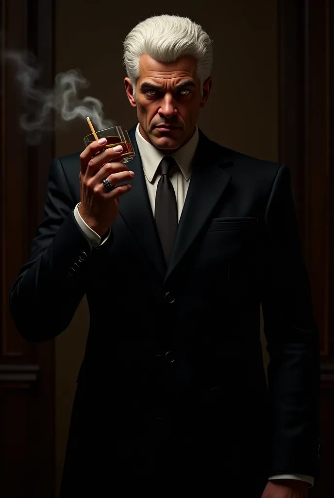 Mafia boss, man, white hair, yellow eyes,  slit pupils, black suit, Whisky glass in the left hand, in the right hand a cigarette