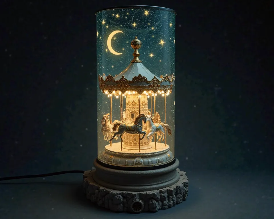 A resin lamp in the shape of a cylinder where a group of ren ride a floating carousel in the middle of a starry night sky. Each horse in the carousel emits a faint glow,  as if they were made of constellations . The base is a stone pedestal with small visi...