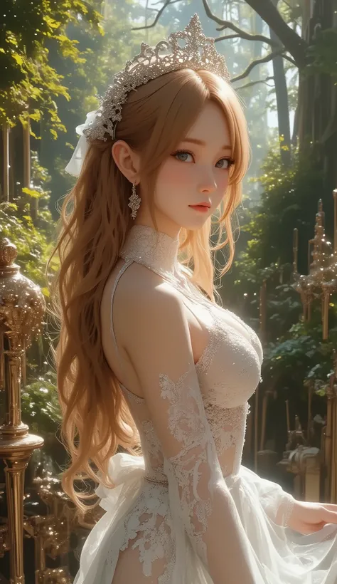 best quality , high image quality, 16k, unbelievably ridiculous , very well detailed, 2.5D, delicate and dynamic, Kiri Reina Female, seductive smile, pure white wedding dress , great style , bouquet, steampunk, dieselpunk , clock punk ...