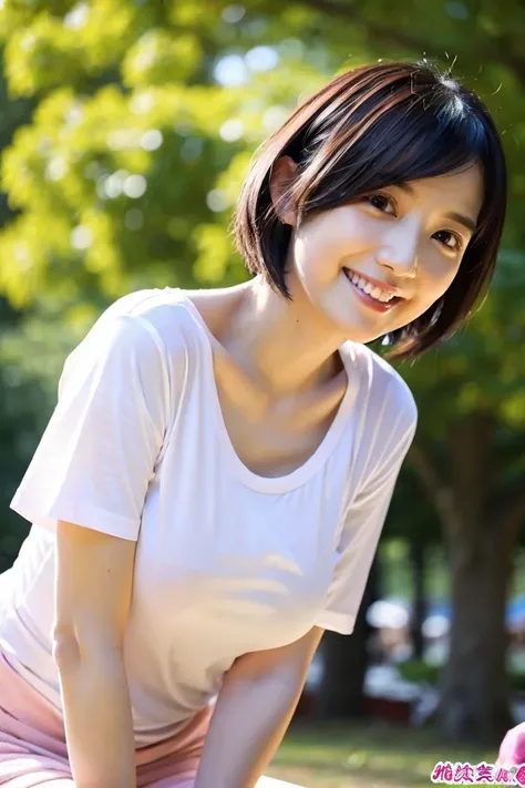 35 year old lovely married Japanese woman、eyes are slender and sharp, but she has a nice smile、She has a slim figure, but、Breasts are moderately bulging、 in the park、I'm wearing a t-shirt、 showing a little boob、I like having sex、there is an atmosphere wher...