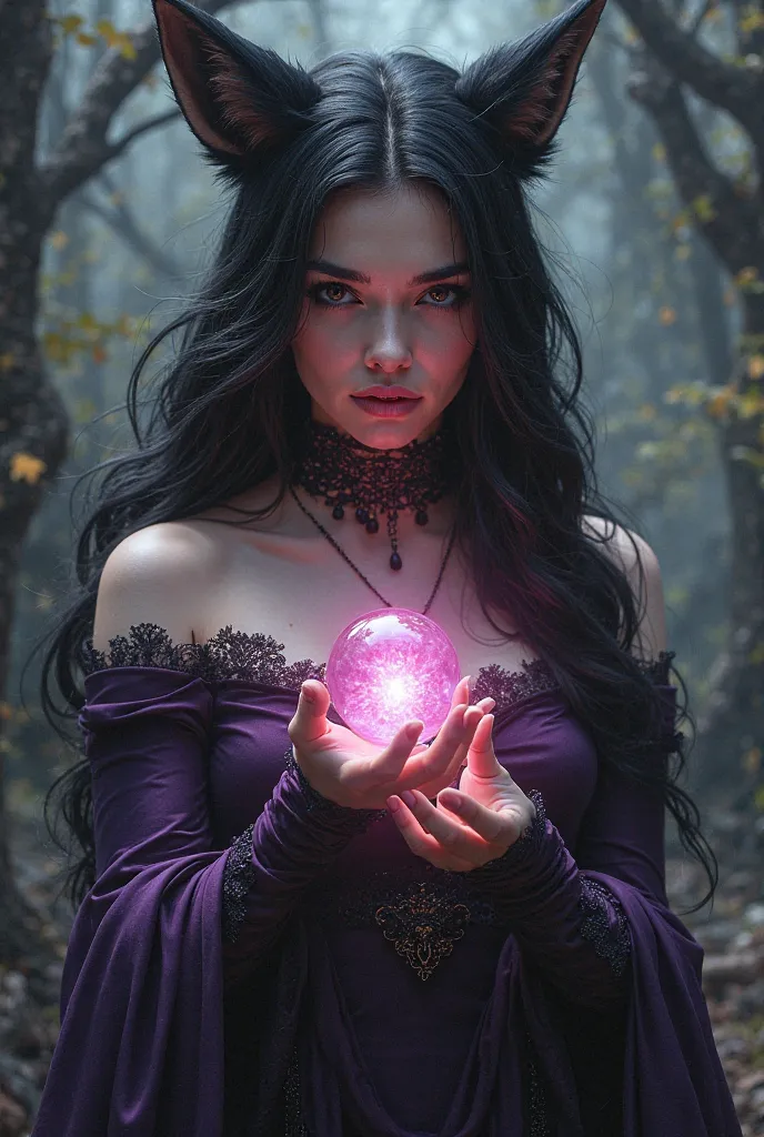 A woman with features of a fox, who has a magic ball in her hand. With killer clothes in very dark purple and black hair