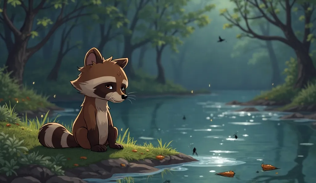 An animated cartoon style illustration of Riley the raccoon sitting alone by the riverbank, his ears drooping as he reflects on his mistake. His tail is curled around his feet, and he looks down at the ground with regret. The peaceful stream flows beside h...