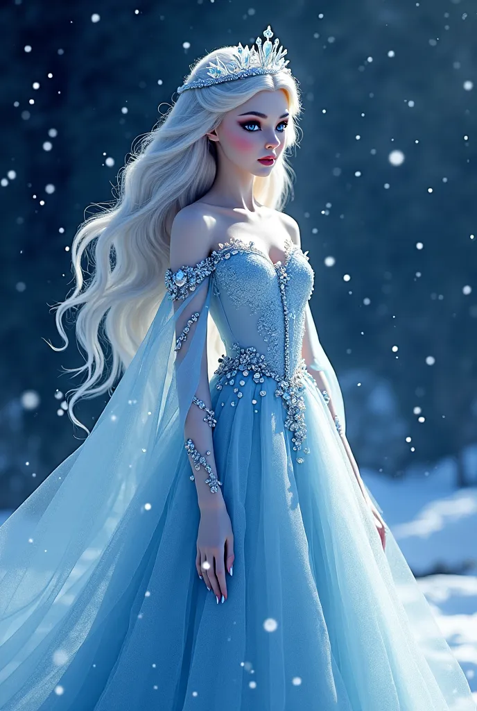 "The Queen of Winter with wavy silver hair that gently shines like ice crystals。I'm wearing glass shoes and my whole body、Her eyes are clear blue。, deep, Mysterious glow, wears a delicate tiara made of ice and gemstones。. she's wearing a blue and white gra...