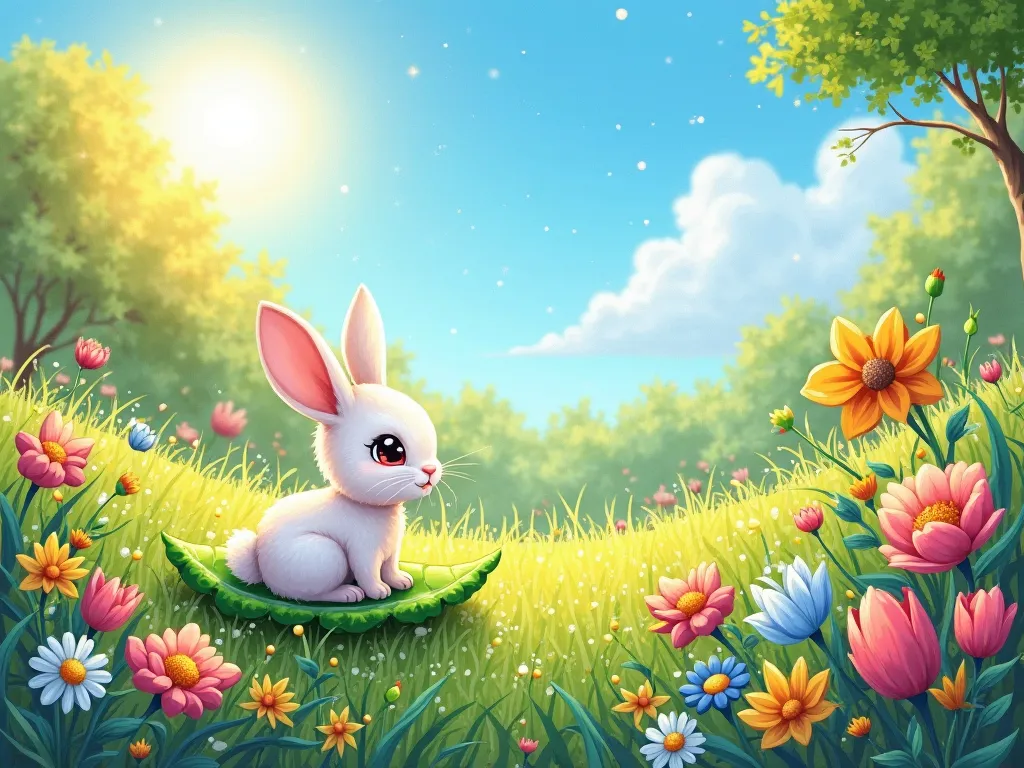 A colorful garden full of blooming flowers, lush green grass, and warm sunlight. A small white rabbit named Tiny is sitting on a leaf, admiring the sparkling dewdrops on the leaves under the morning sun. The sky is clear blue with a few fluffy white clouds...