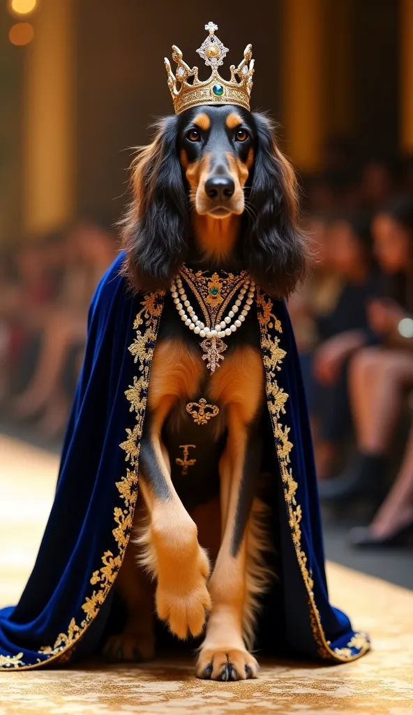 A majestic Afghan Hound walks down the runway in an opulent royal outfit. The ensemble consists of a deep blue velvet cape with golden embroidery, a jeweled crown, and an elegant pearl necklace. The dog exudes grace, stepping confidently on a luxurious gol...