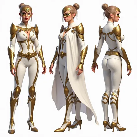 Beautiful young fashionable woman in a detailed women's costume design in a white and gold color scheme. The set includes a tight-fitting suit with bronze and gold armor elements on the shoulders, arms, knees and waist. Costume options include a long cape,...