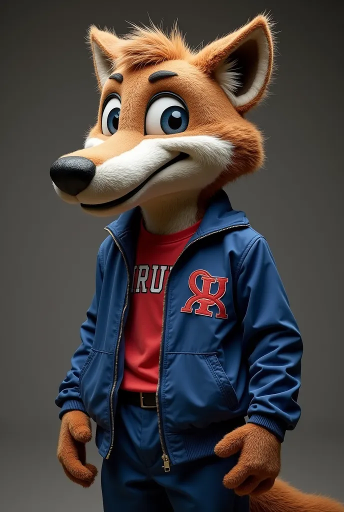 make a college mascot costume, a coyote boot with a big snout with a big smile, that the coyote is a gray brown color and the snout a cinnamon color. big eyes with 3 black lines coming out of them up to his snout, and the wolf's hair a little messy. his cl...