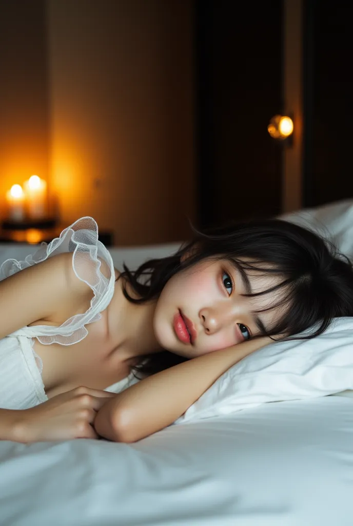 Smiling Girl、Pull your face out of the futon、dark room、 Candlelight 、on a king size bed、white sheets、 photos、best image quality、Entertainer-class beautiful girl、 is super cute、real、pure white one-piece long camisole with transparent ruffles、 wide open ches...