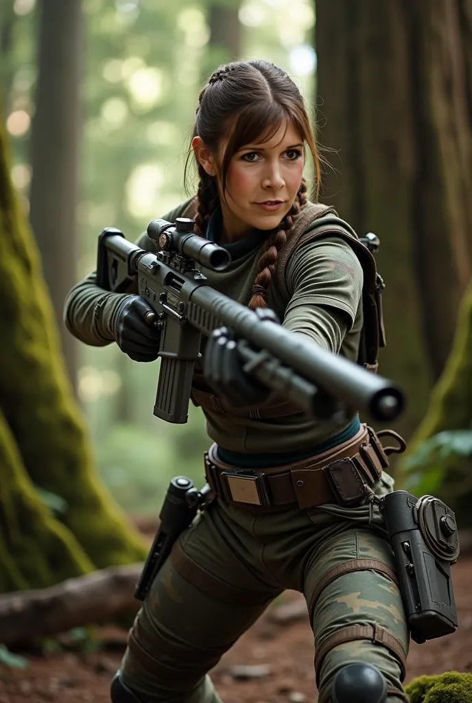 Ultra highly detailed photograph of princess leia,long hair with single plait.wearing a beige combat bodysuit, camouflaged shawl Holding a starwars laser rifle. In a redwood forest. Dynamic action poses.