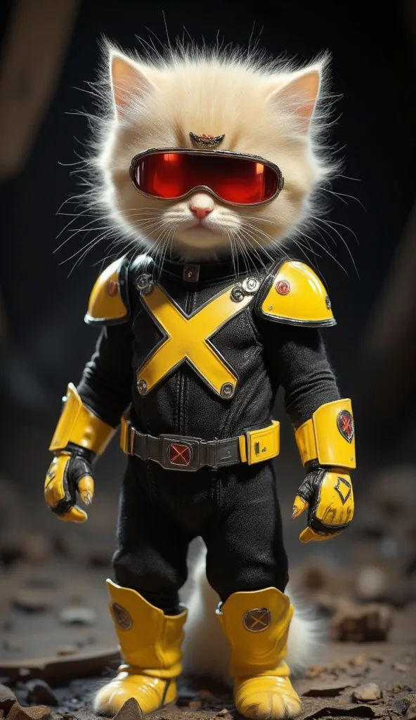 A baby anthropomorphic kitten wearing a tight black uniform covering the entire body, featuring a large yellow 'X' on the chest with its legs extending over the shoulders and down the sides to the waist. The outfit has reinforced yellow shoulder pads, a re...