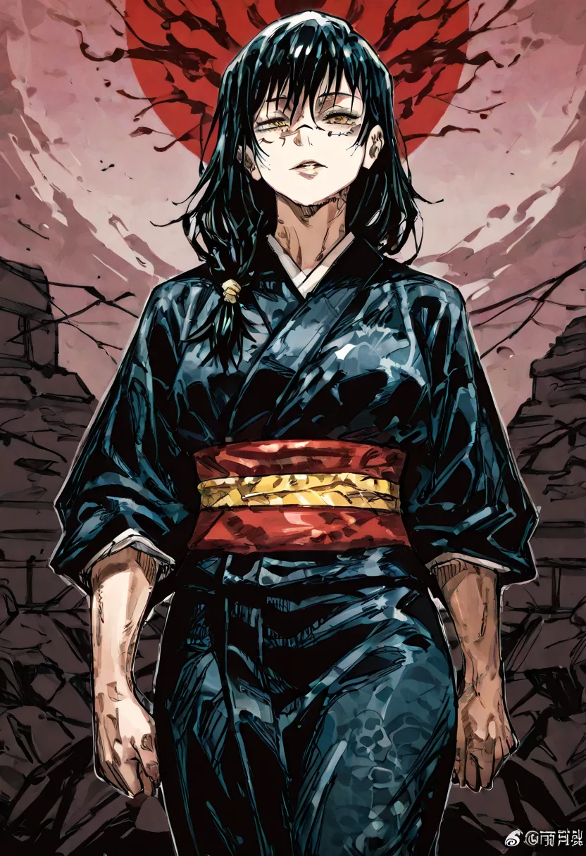 1woman, powerful and captivating, solo, sharp yet delicate features, lithe yet muscular build, amber eyes that burn with ambition, long black hair cascading in waves, battle-worn armor with a blood-red sash, looking at viewer, black yukata, half closed eye...