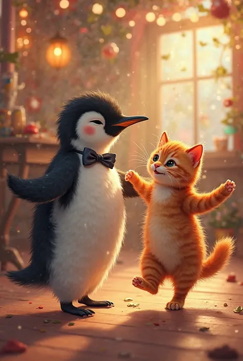 Draw a picture of dancing penguin and dancing cat