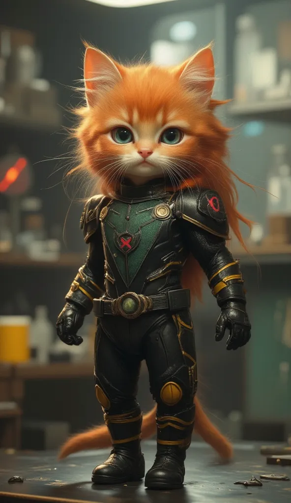 A tiny small baby orange female kitten with long red hair anthropomorphic kitten wearing a tight black uniform covering the entire body, with a dark green triangular section on the chest and abdomen extending to the shoulders. The outfit features a red 'X'...