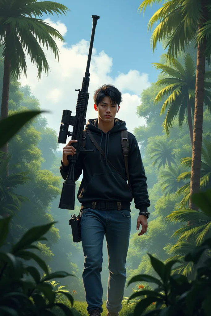 Create a realistic image of a black-eyed man, wearing a black hoodie and blue jeans, carrying a sniper rifle on his shoulder. He has a serious expression and focus, with a strong asian face and short black hair. The background is a tropical green forest.  ...