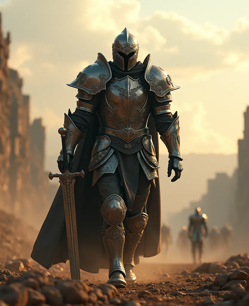 A warrior fully clad in shimmering armored armor, In a war scenario, Ultra HD 4K, He walks in heroic pose, wielding a sword. 