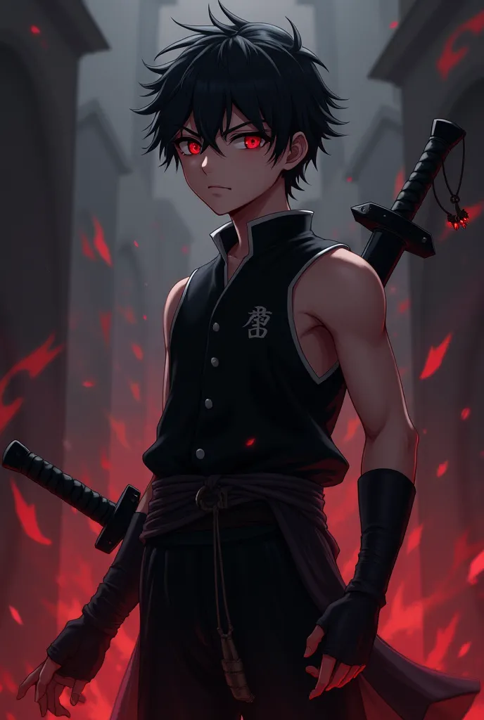 Anime character demon lord Boy with black hair Black sword in back red eyes Black warrior shirt also black warrior pants 