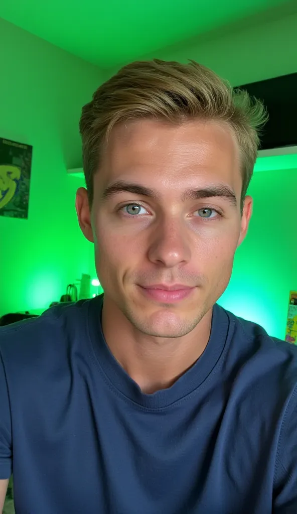  Young man looking forward as if he were talking to his internet audience , He is blond and has blue eyes. He's in his room and the background is green behind him. Age over 25