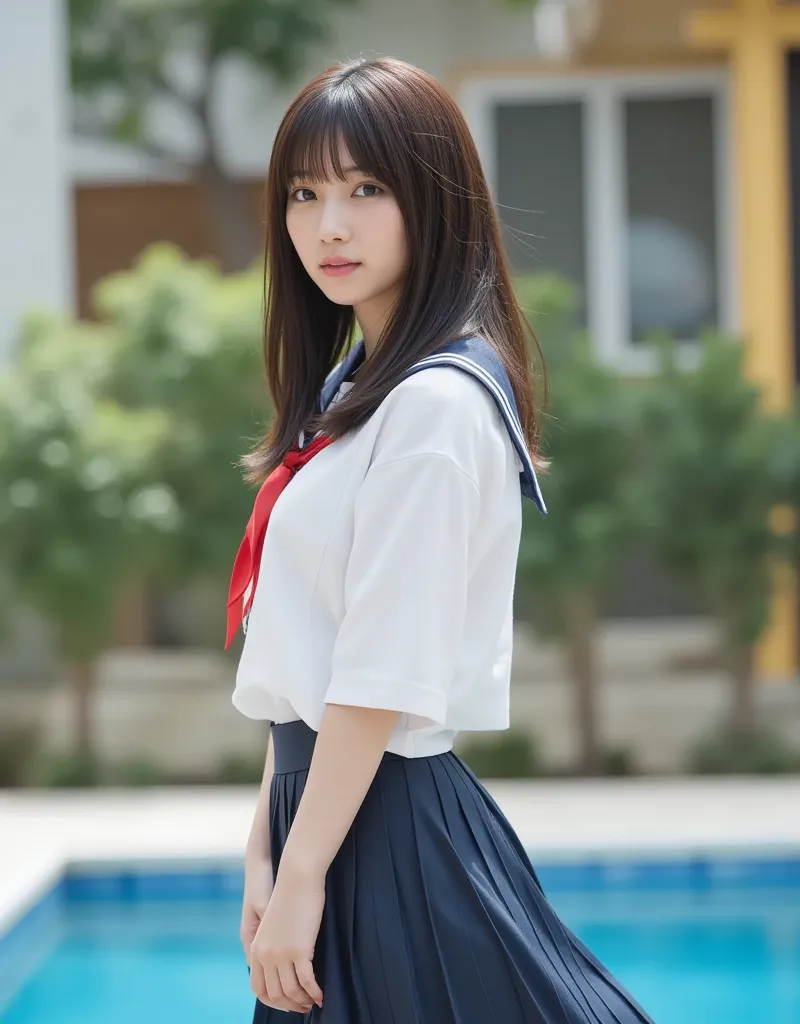 Beautiful female student of Japanese high school wearing a sailor uniform with a red ribbon. Super high resolution, super quality photo.