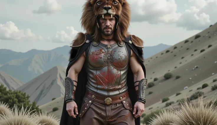 Hercules wearing his lion armor. His helmet is the head of a lion. The scene is realistic with a wide frame. His armor is dirty with dust and blood, and his cape is dusty. blood, dust, greece, action, walking.