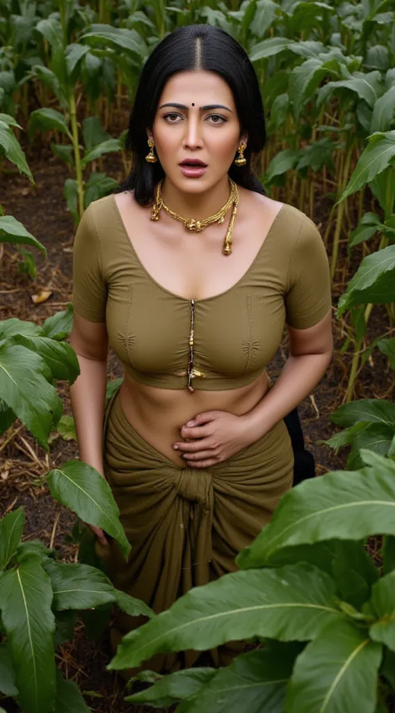 Top-down view,heavy rainfall,woman on her knees, mangalsutra in neck,finger pointing towards her mouth,,looking into camera, surrounding inside corn field, black cup bra,dressed in saree,mouth wide open,red lips,eyelashes and eyeliner,blue lusty eyes,red b...