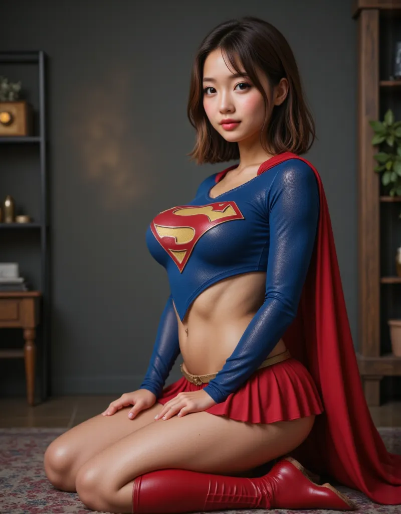 BIG BLUE EYES (SUPERGIRL 18-YEARS-OLD) PHOTO REALISTIC SEX SCENE. AN ATTRACTIVE ALURING JAPANES GIRL AS SUPERGIRL WEARING A CLASSIC BLUE SUPERGIRL COSTUME WITH A LARGE "S" EMBLEM, RED PLEATED SKIRT, RED BOOTS AND RED CAPE. INTRECATE DETAILS AND TEXTURES, V...