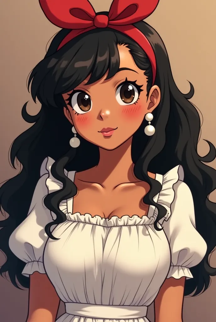 2D anime style of a chubby girl with long black curled hair like sabrina carpenter, really dark brown eyes, tan skin. she is wearing a red headband, a white milkmaid top with short puff sleeves, and pearl earings. the photo should be from the bust up.