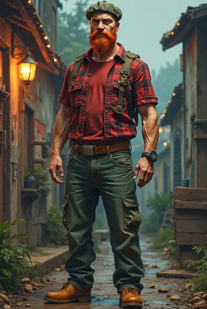 34 year old farmer,thin, Redhead with beard and beret red and black checkered t-shirt green jeans and mustard boots version GTA