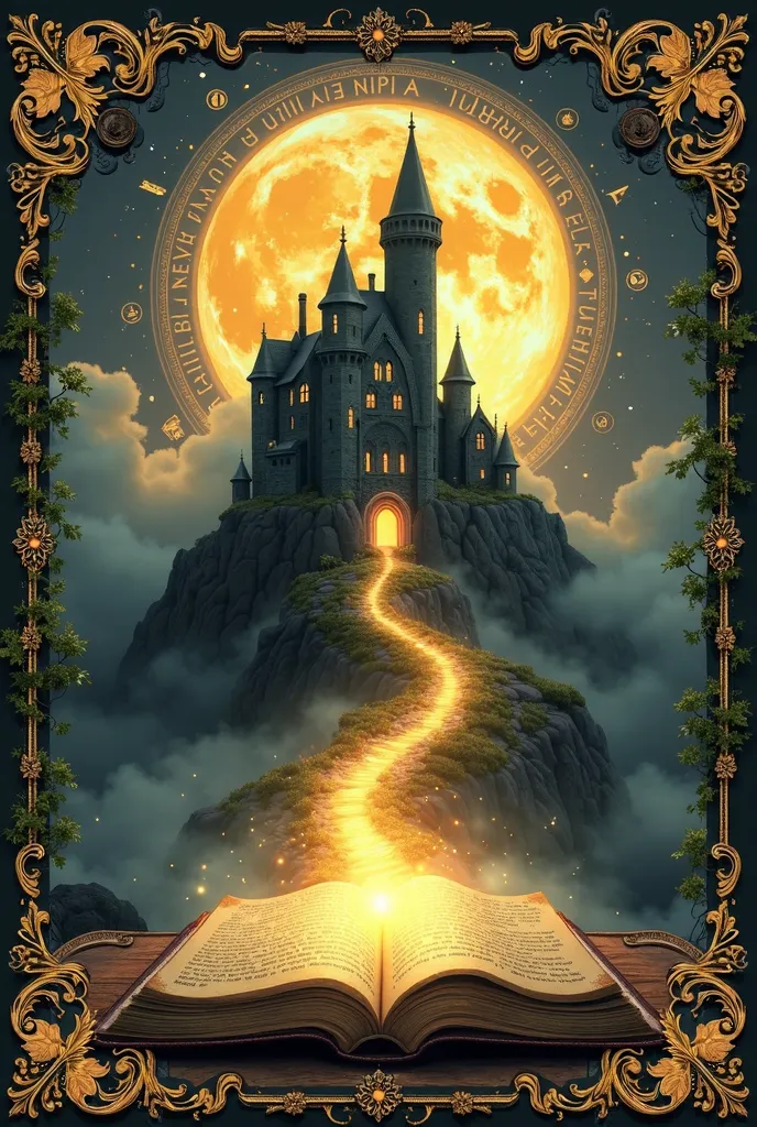 book cover in a medieval fantasy style. in the center, a dark and gothic castle stands on a hill shrouded in fog, with a glowing golden moon behind it.  Around the moon , there is a circle of runes and magical symbols that seem to radiate power.

at the bo...