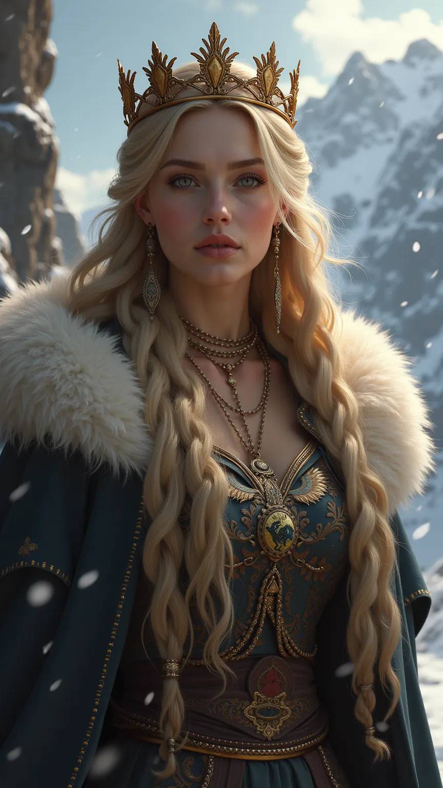 Portrait of a beautiful mature mountain queen in her 20s. She has braided blond hair, a small crown on her head, and fur on her cloak. The image is on a playing card, the queen of clubs.