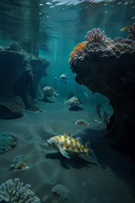 A breathtaking underwater scene with crystal-clear waters, bursting with life as countless rare and prehistoric fish swim gracefully. Their scales shimmer in brilliant hues of gold, electric blue, fiery red, and emerald green, reflecting the sunlight that ...