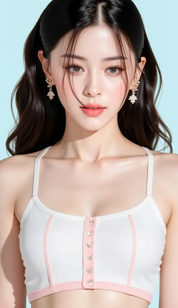 8k,  masterpiece, top quality,  beautiful Korean woman,   with dark hair, Decorative Hairpiece,  bright makeup ,   Cropped Striped Knit Top, pink, red, white,,     yellow, pink, 　full body shot、high heels，　swimsuit，